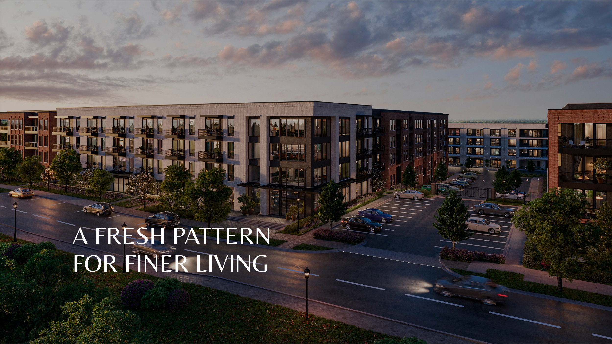 Building exterior. Text: A fresh pattern for finer living.
